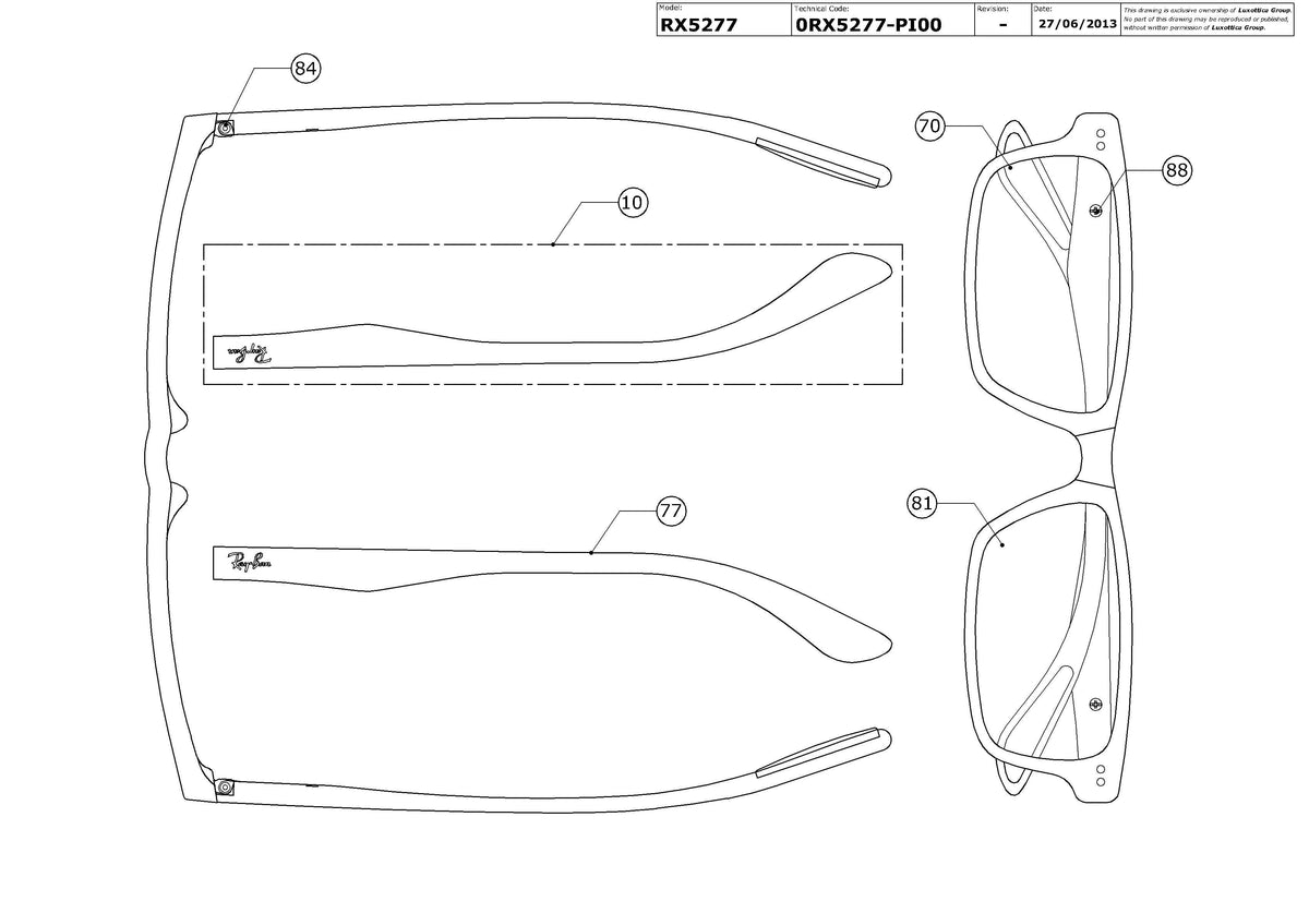 Exploded technical drawing of the Ray-Ban RX5277 Glasses Replacement Parts, with each replacement part numbered