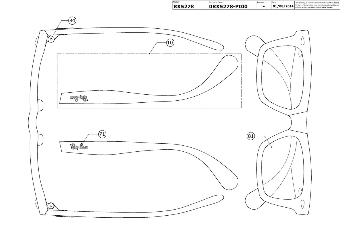 Enlarged technical drawing of the Ray-Ban RX5278 Glasses Replacement Parts