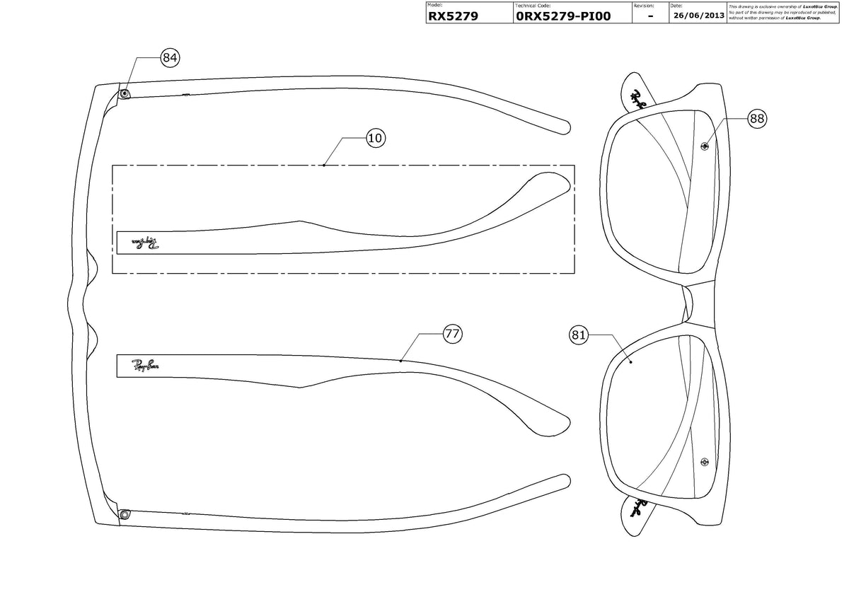 Enlarged technical drawing of the Ray-Ban RX5279 Glasses Replacement Parts