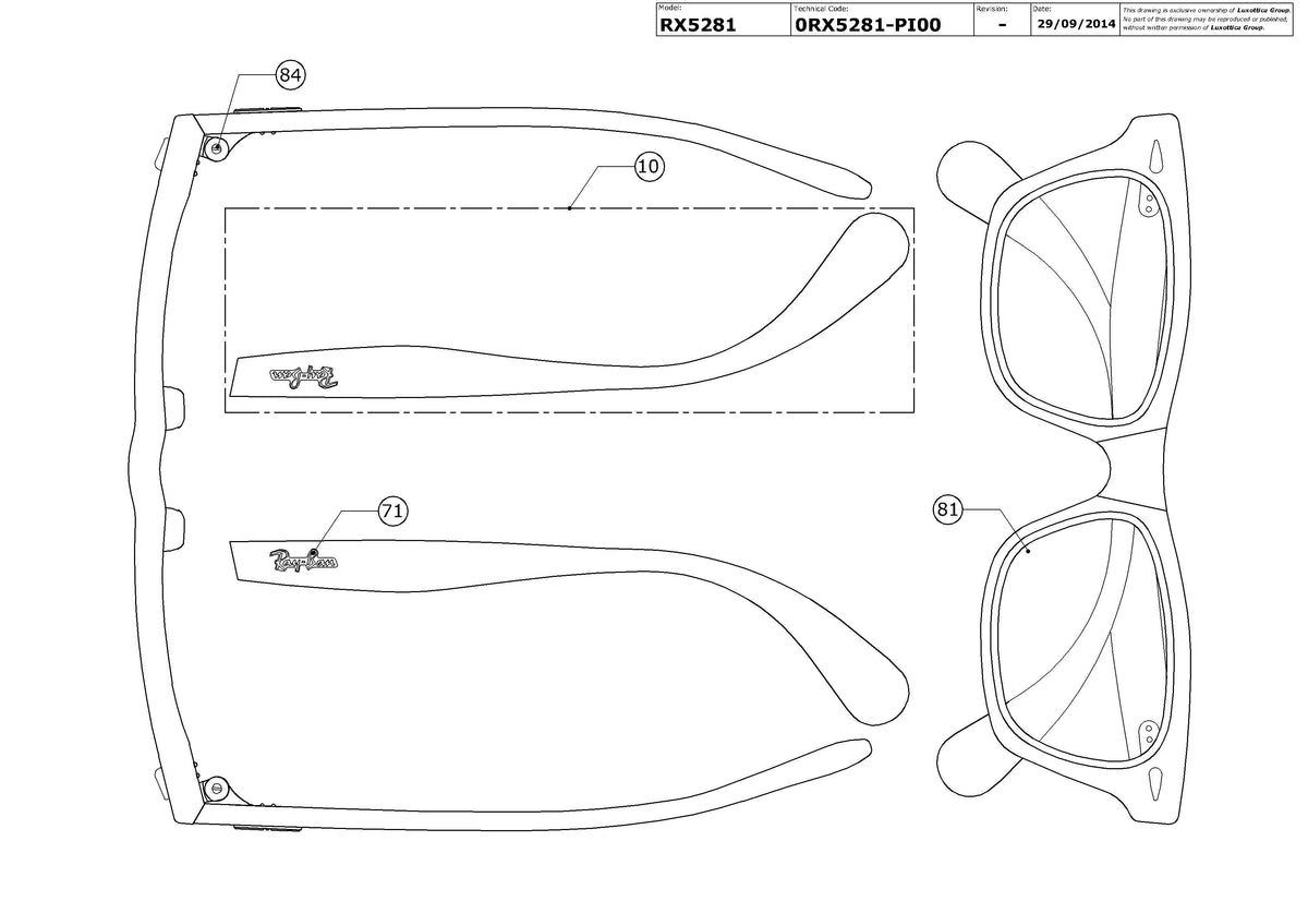 Enlarged technical drawing of the Ray-Ban RX5281 Glasses Replacement Parts