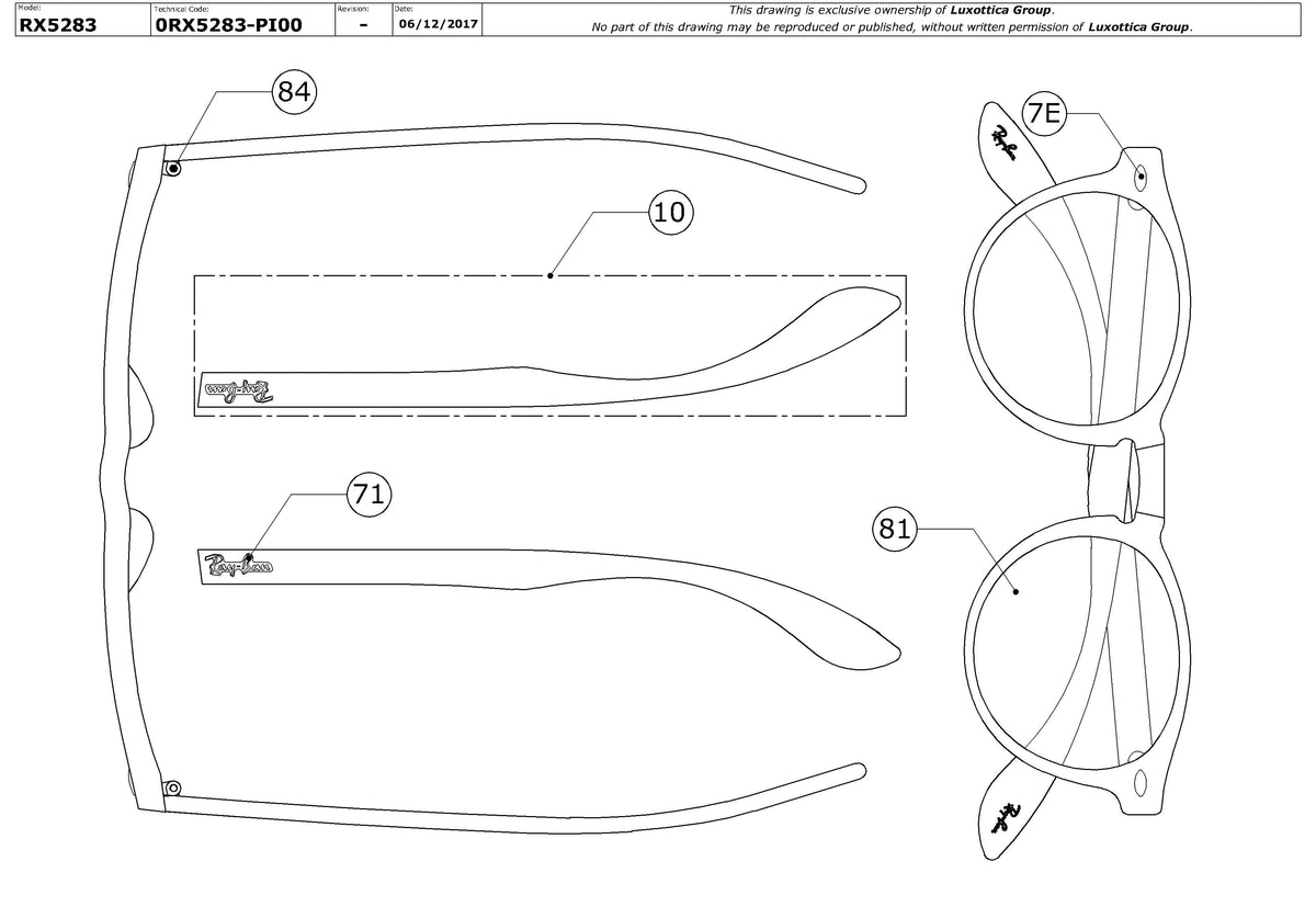 Exploded technical drawing of the Ray-Ban RX5283 Glasses Replacement Parts, with each replacement part numbered