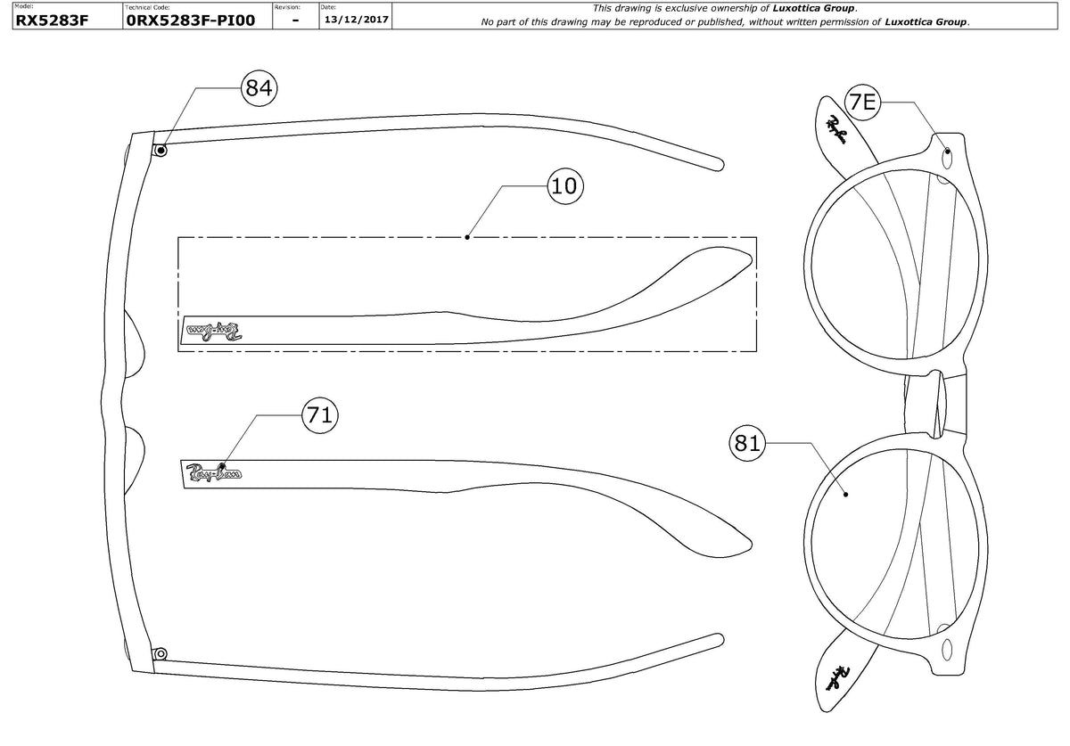 Exploded technical drawing of the Ray-Ban RX5283F Glasses Replacement Parts, with each replacement part numbered
