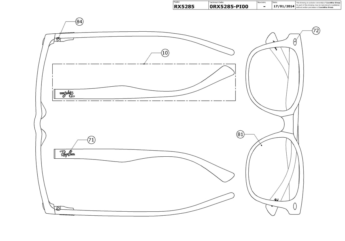 Enlarged technical drawing of the Ray-Ban RX5285 Glasses Replacement Parts