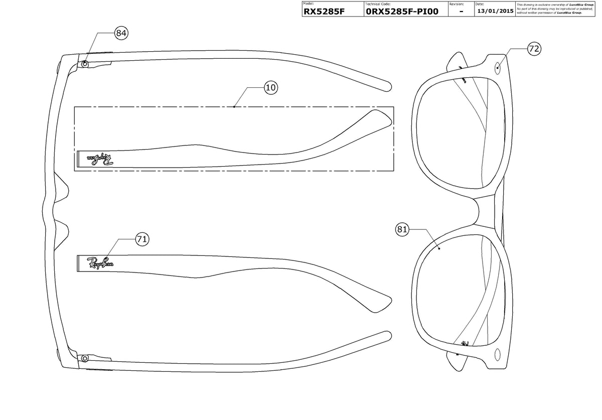 Exploded technical drawing of the Ray-Ban RX5285F Glasses Replacement Parts, with each replacement part numbered