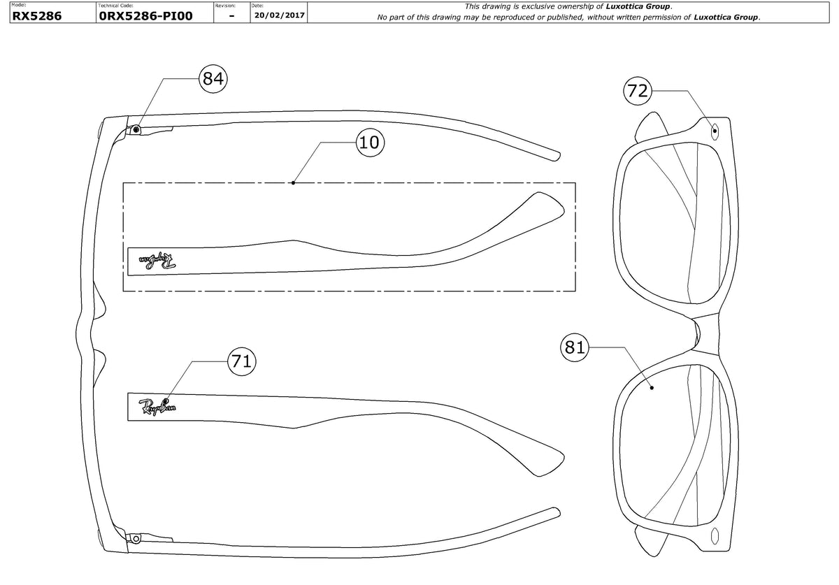 Enlarged technical drawing of the Ray-Ban RX5286 Glasses Replacement Parts