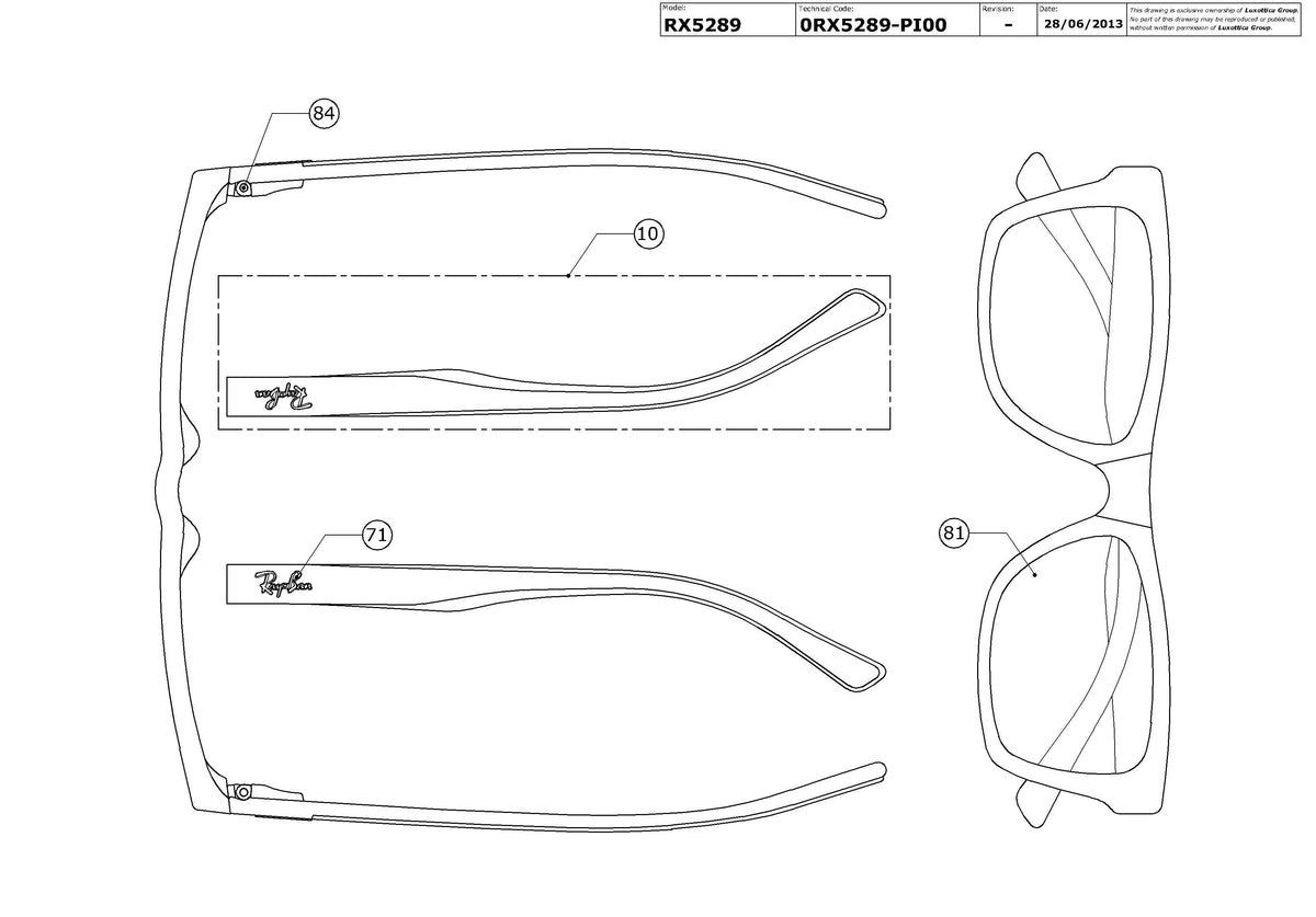 Exploded technical drawing of the Ray-Ban RX5289 Glasses Replacement Parts, with each replacement part numbered