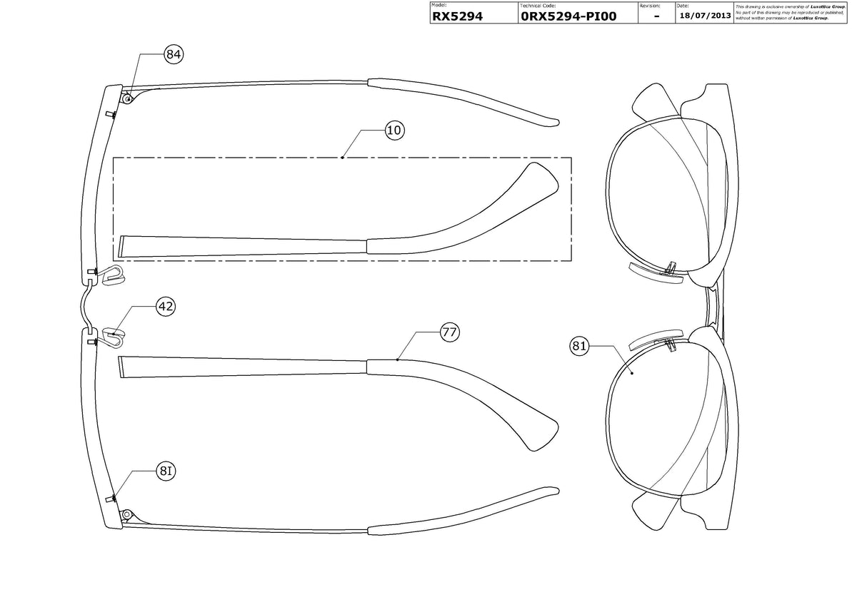 Exploded technical drawing of the Ray-Ban RX5294 Glasses Replacement Parts, with each replacement part numbered