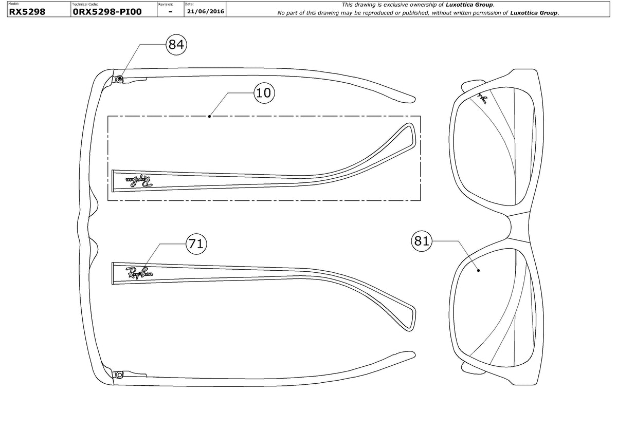 Exploded technical drawing of the Ray-Ban RX5298 Glasses Replacement Parts, with each replacement part numbered