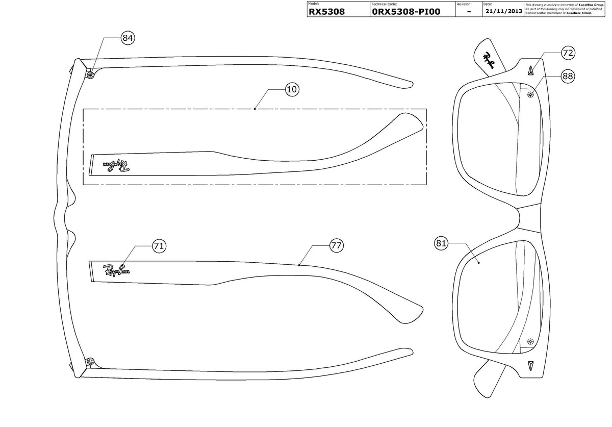 Exploded technical drawing of the Ray-Ban RX5308 Glasses Replacement Parts, with each replacement part numbered