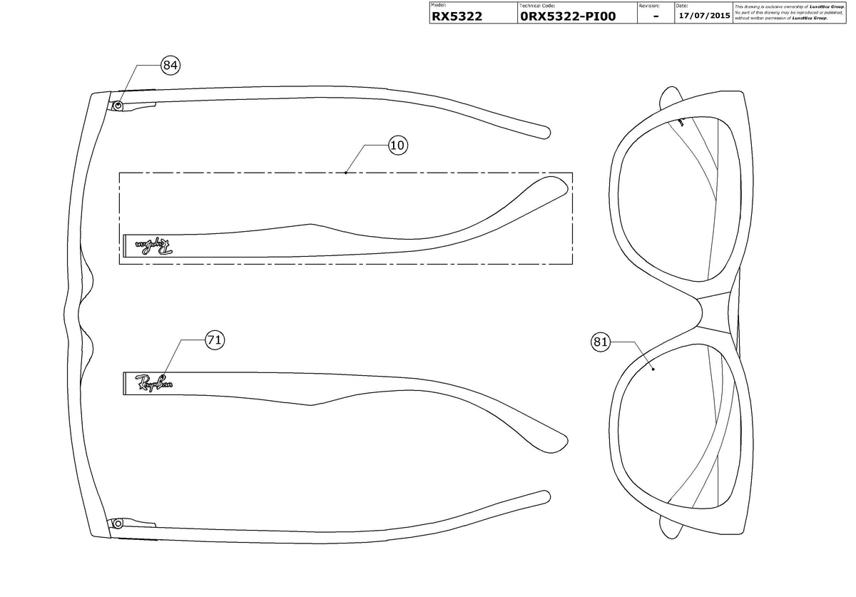 Exploded technical drawing of the Ray-Ban RX5322 Glasses Replacement Parts, with each replacement part numbered