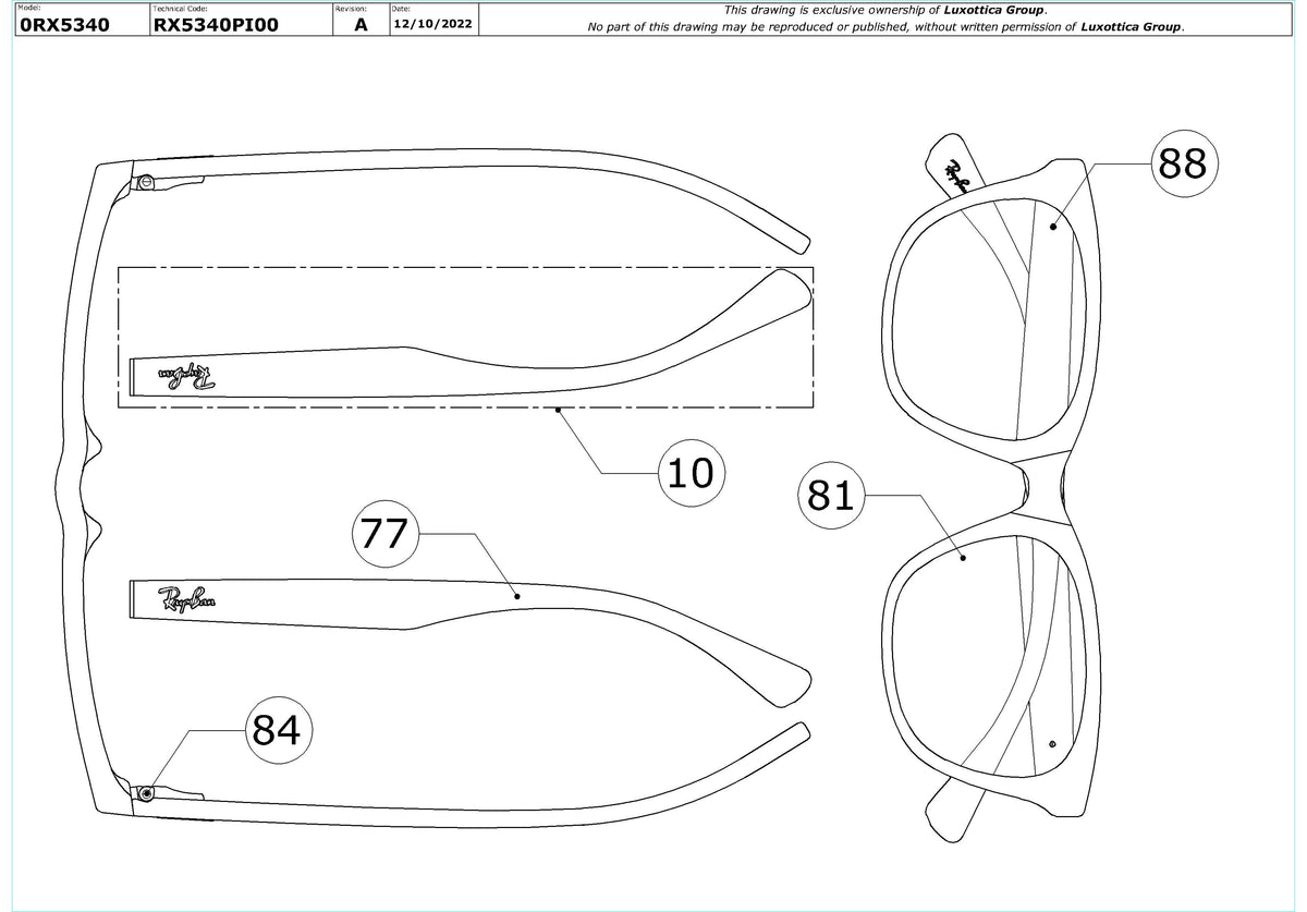 Exploded technical drawing of the Ray-Ban RX5340 Glasses Replacement Parts, with each replacement part numbered
