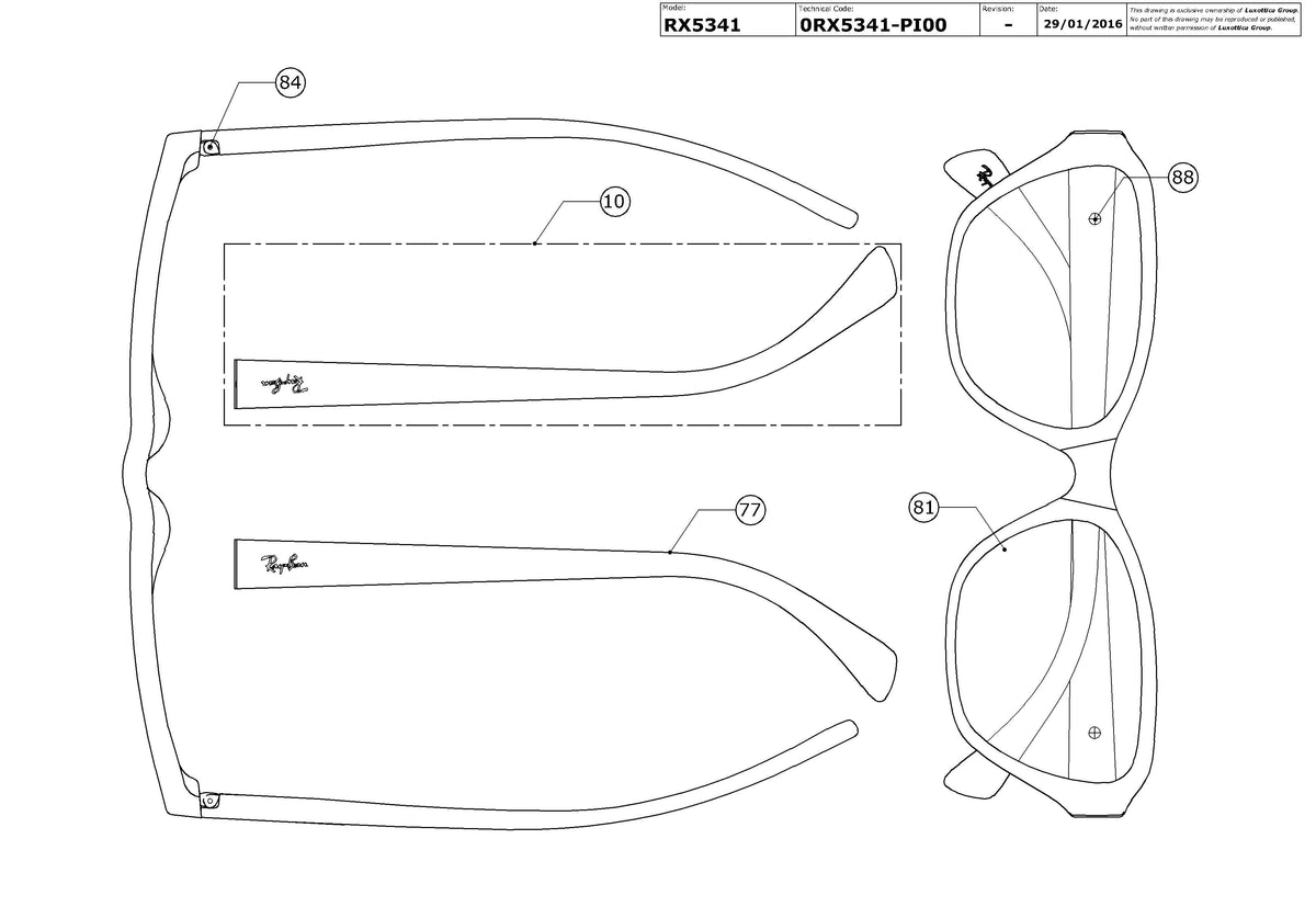 Enlarged technical drawing of the Ray-Ban RX5341 Glasses Replacement Parts