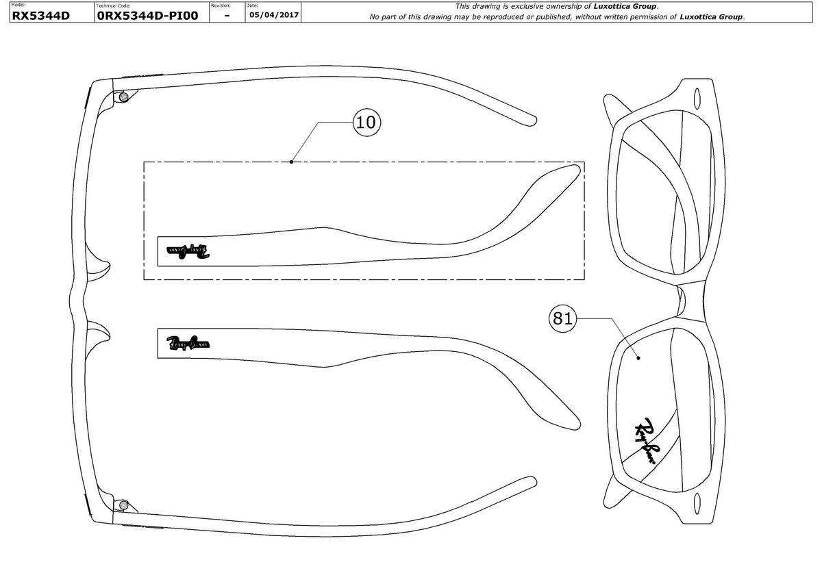 Exploded technical drawing of the Ray-Ban RX5344D Glasses Replacement Parts, with each replacement part numbered