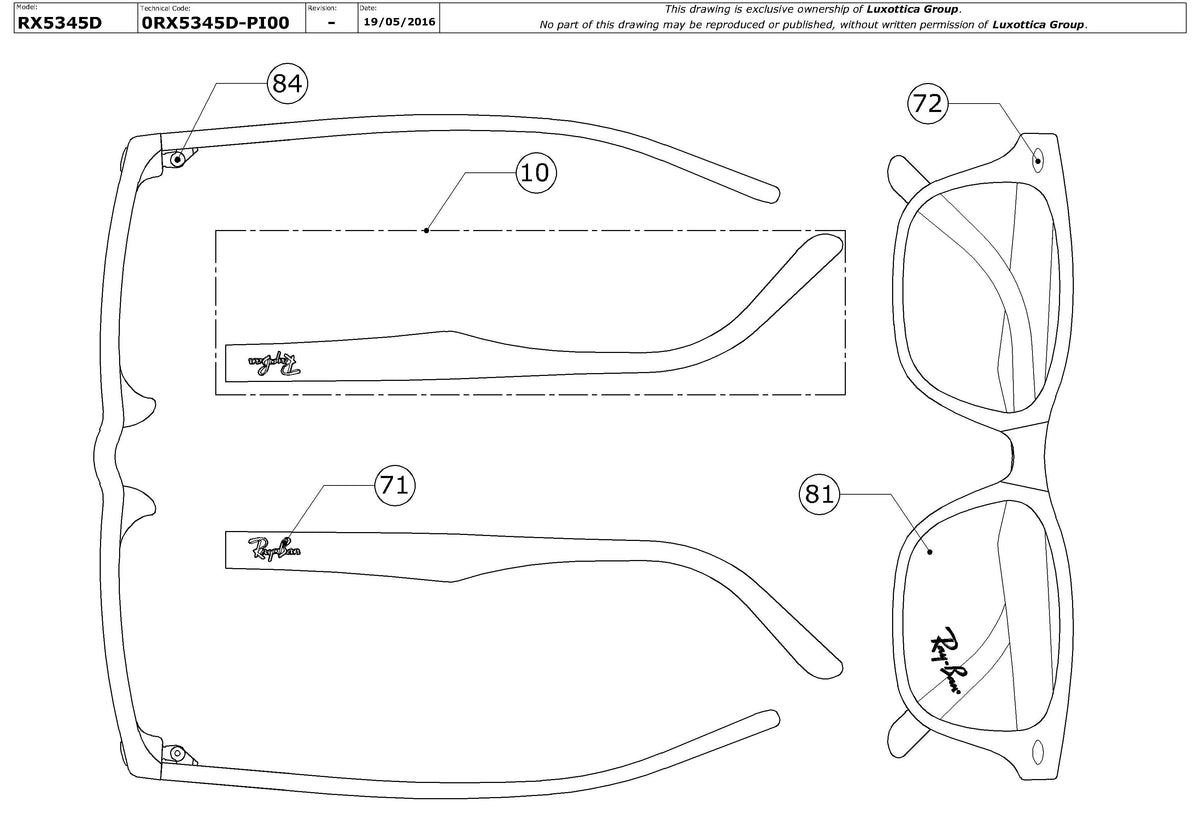 Enlarged technical drawing of the Ray-Ban RX5345D Glasses Replacement Parts