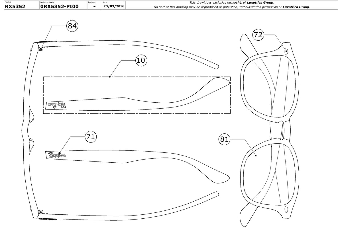Exploded technical drawing of the Ray-Ban RX5352 Glasses Replacement Parts, with each replacement part numbered