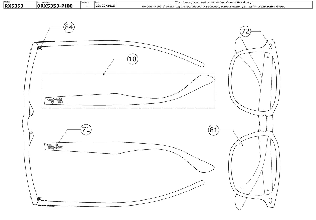 Enlarged technical drawing of the Ray-Ban RX5353 Glasses Replacement Parts