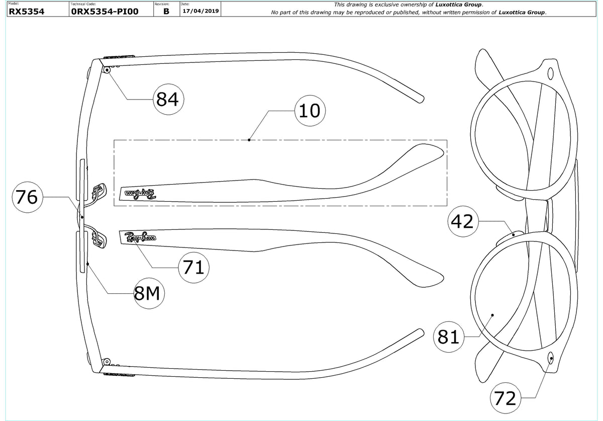 Enlarged technical drawing of the Ray-Ban RX5354 Glasses Replacement Parts