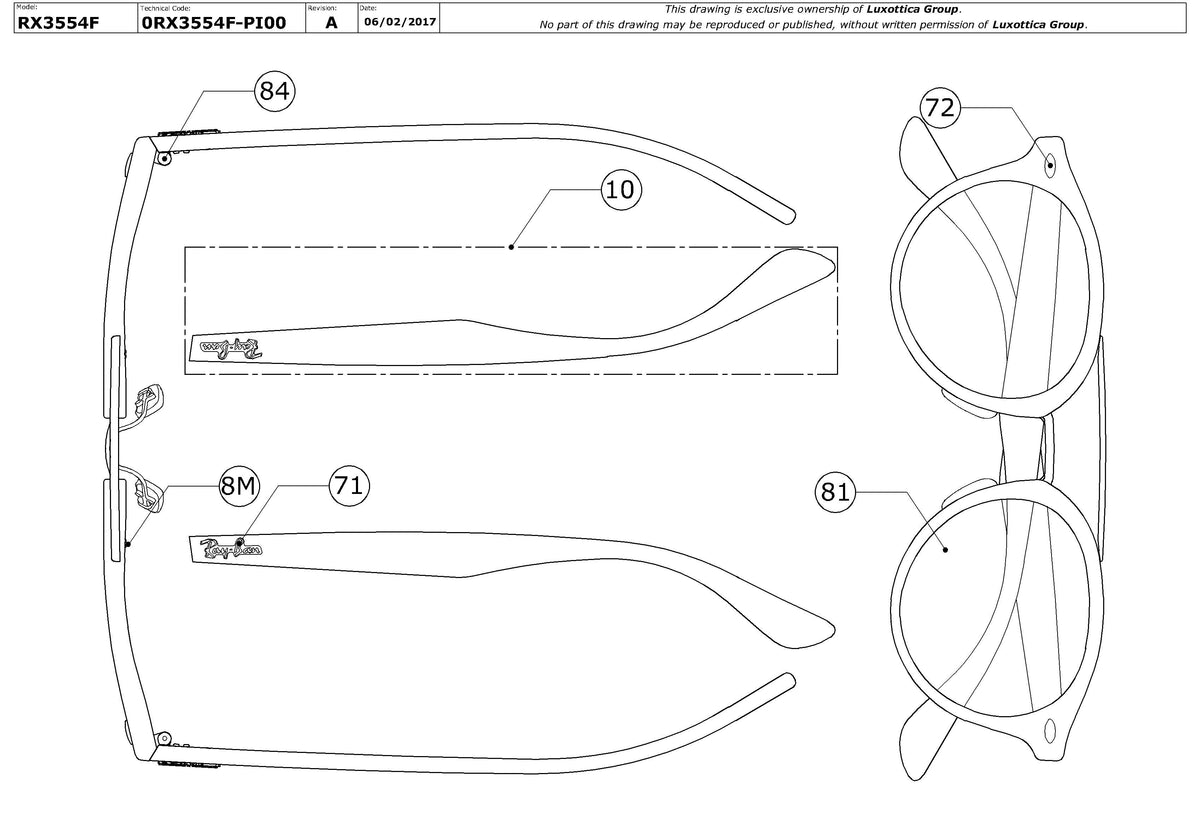 Enlarged technical drawing of the Ray-Ban RX5354F Glasses Replacement Parts