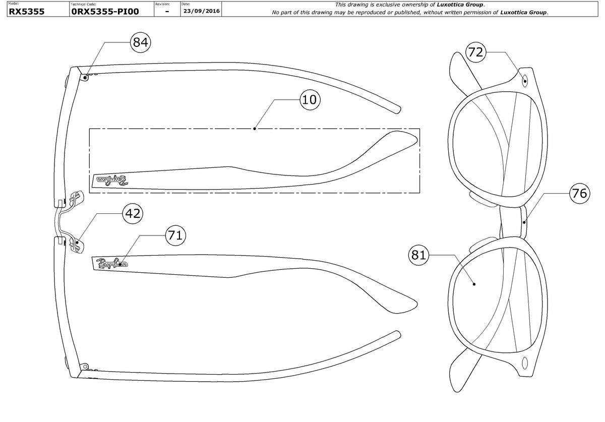 Exploded technical drawing of the Ray-Ban RX5355 Glasses Replacement Parts, with each replacement part numbered