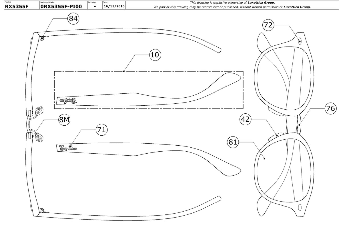 Enlarged technical drawing of the Ray-Ban RX5355F Glasses Replacement Parts