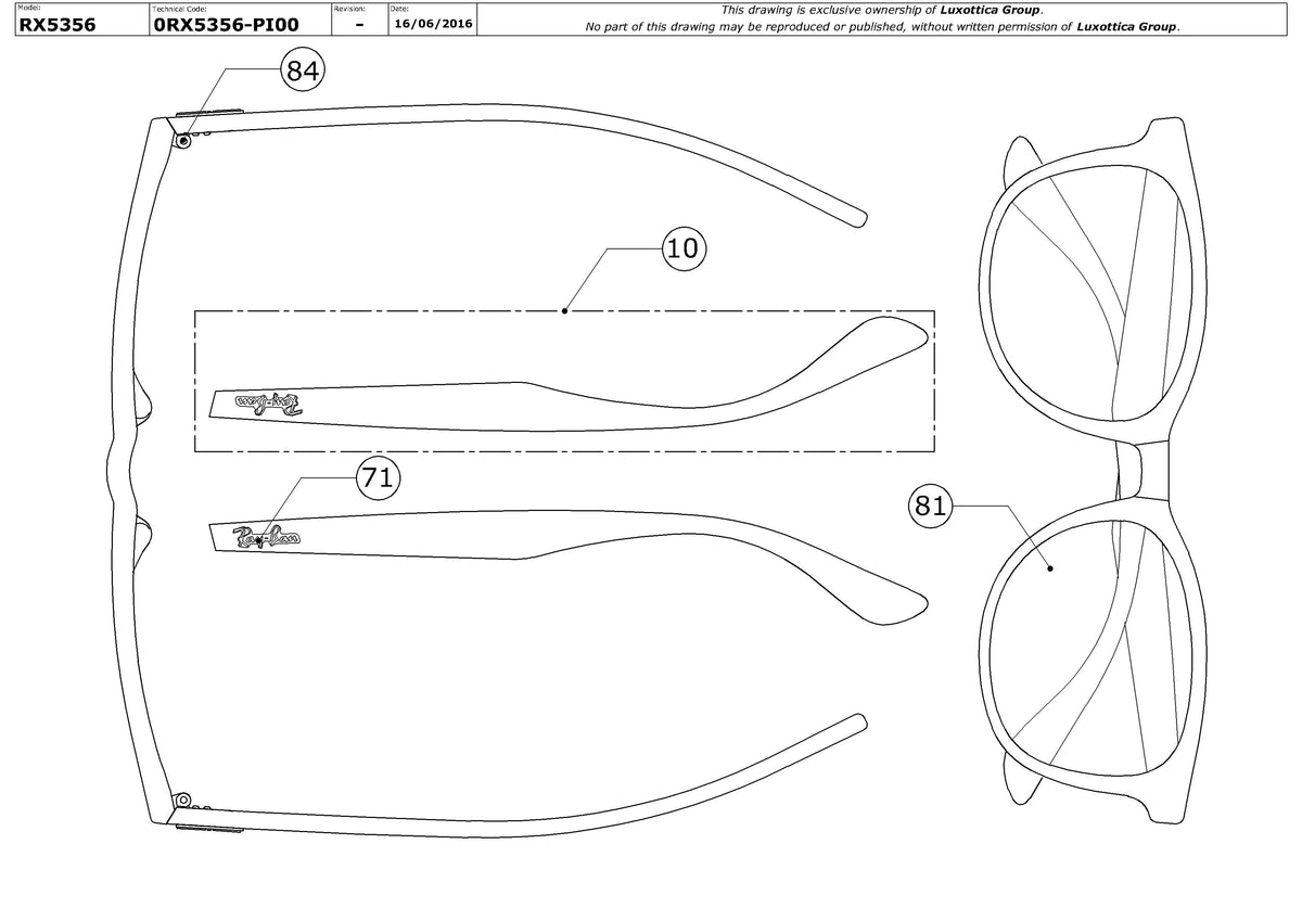 Exploded technical drawing of the Ray-Ban RX5356 Glasses Replacement Parts, with each replacement part numbered