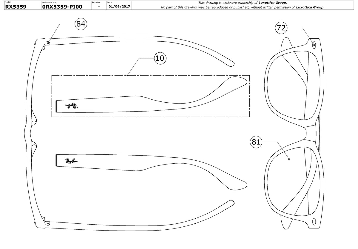 Exploded technical drawing of the Ray-Ban RX5359 Glasses Replacement Parts, with each replacement part numbered