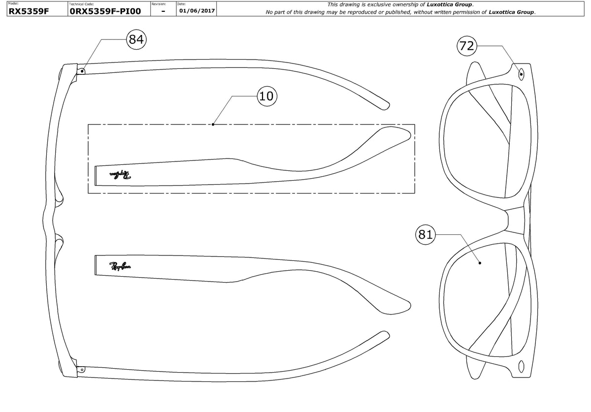 Enlarged technical drawing of the Ray-Ban RX5359F Glasses Replacement Parts