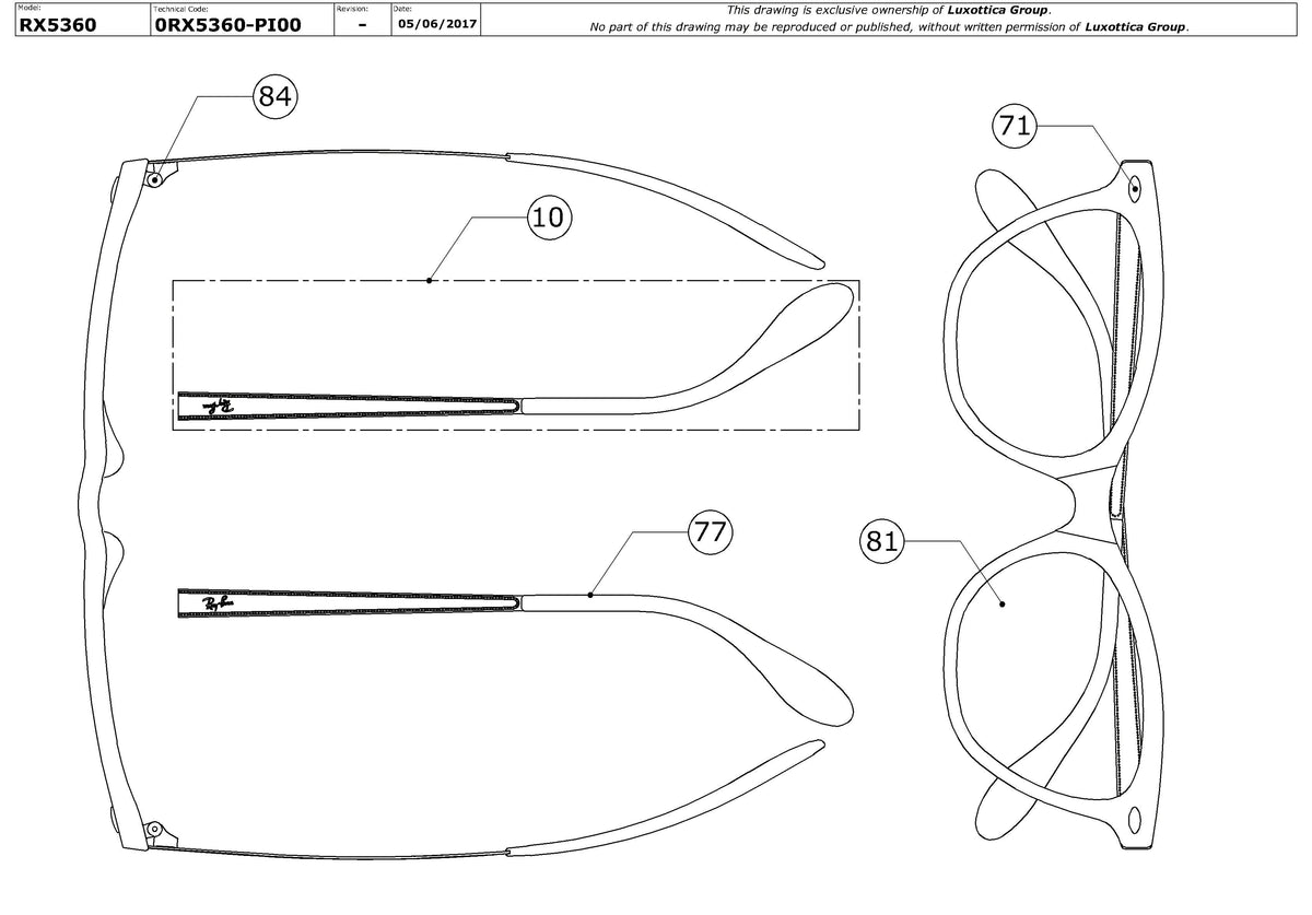 Exploded technical drawing of the Ray-Ban RX5360 Glasses Replacement Parts, with each replacement part numbered