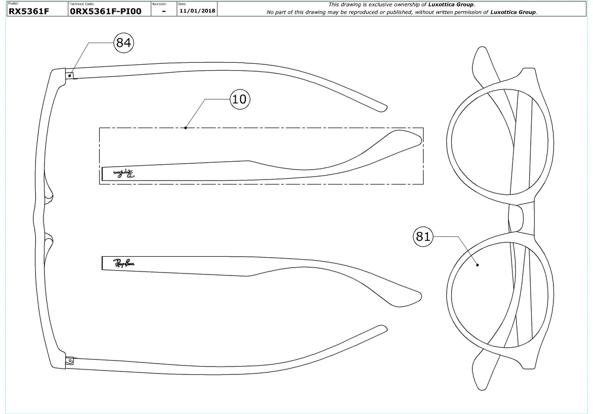 Exploded technical drawing of the Ray-Ban RX5361F Glasses Replacement Parts, with each replacement part numbered