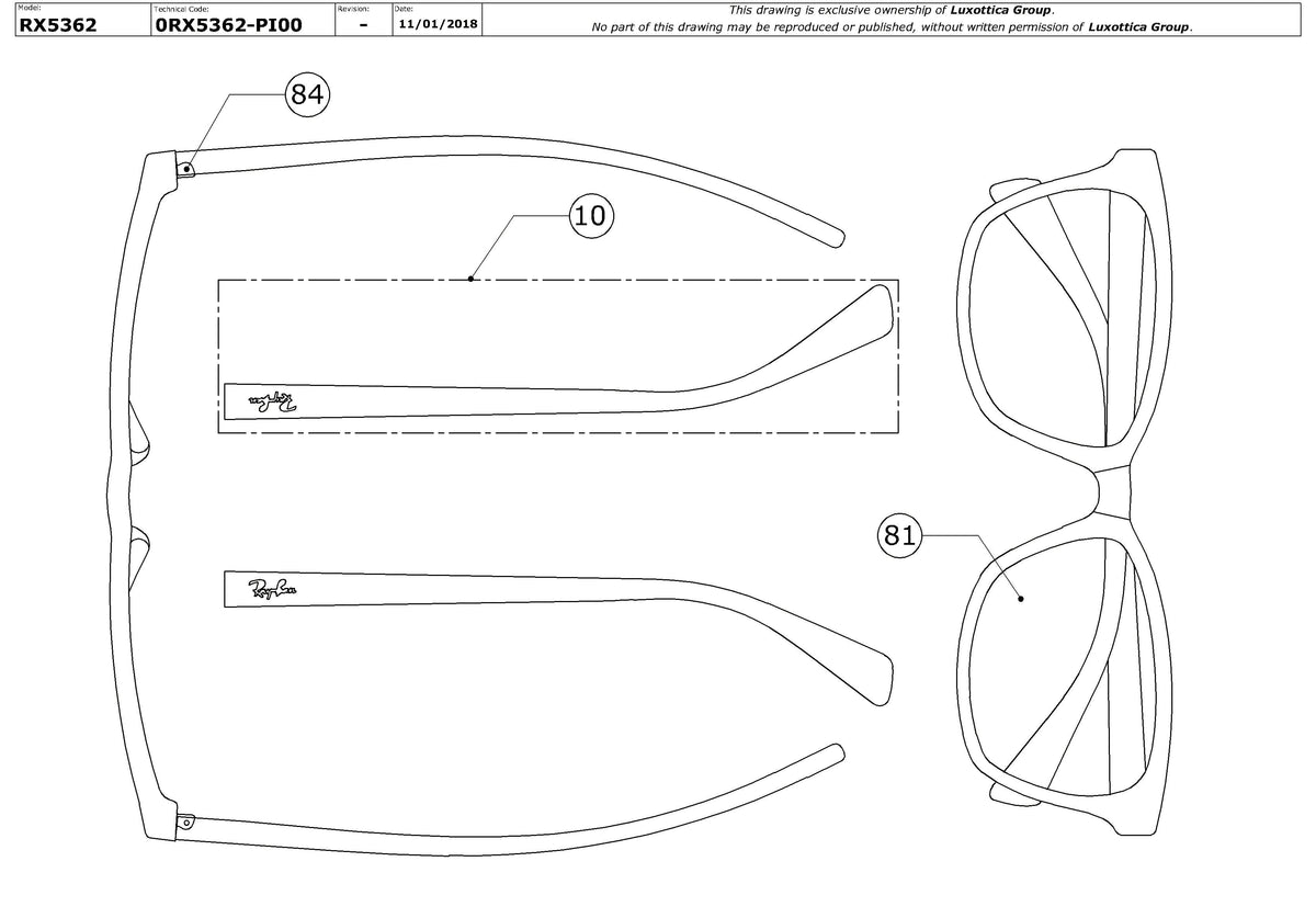 Enlarged technical drawing of the Ray-Ban RX5362 Glasses Replacement Parts