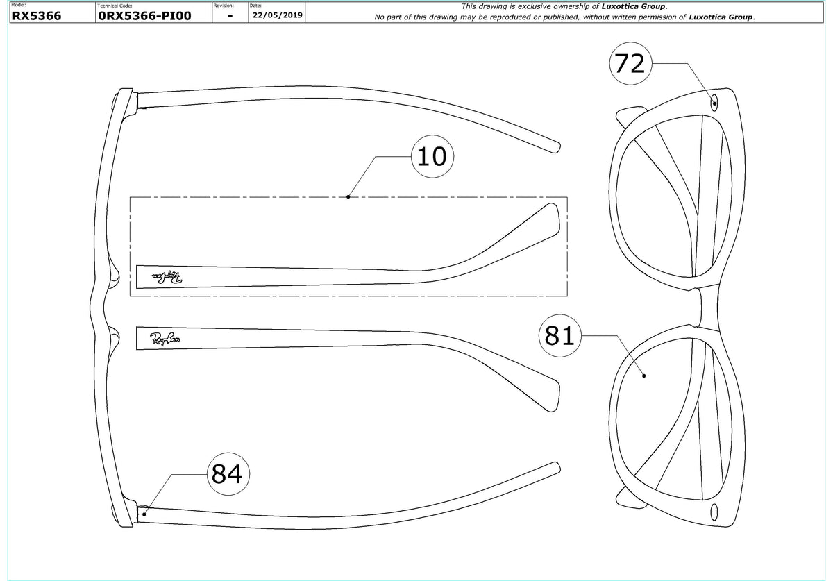 Exploded technical drawing of the Ray-Ban RX5366 Glasses Replacement Parts, with each replacement part numbered
