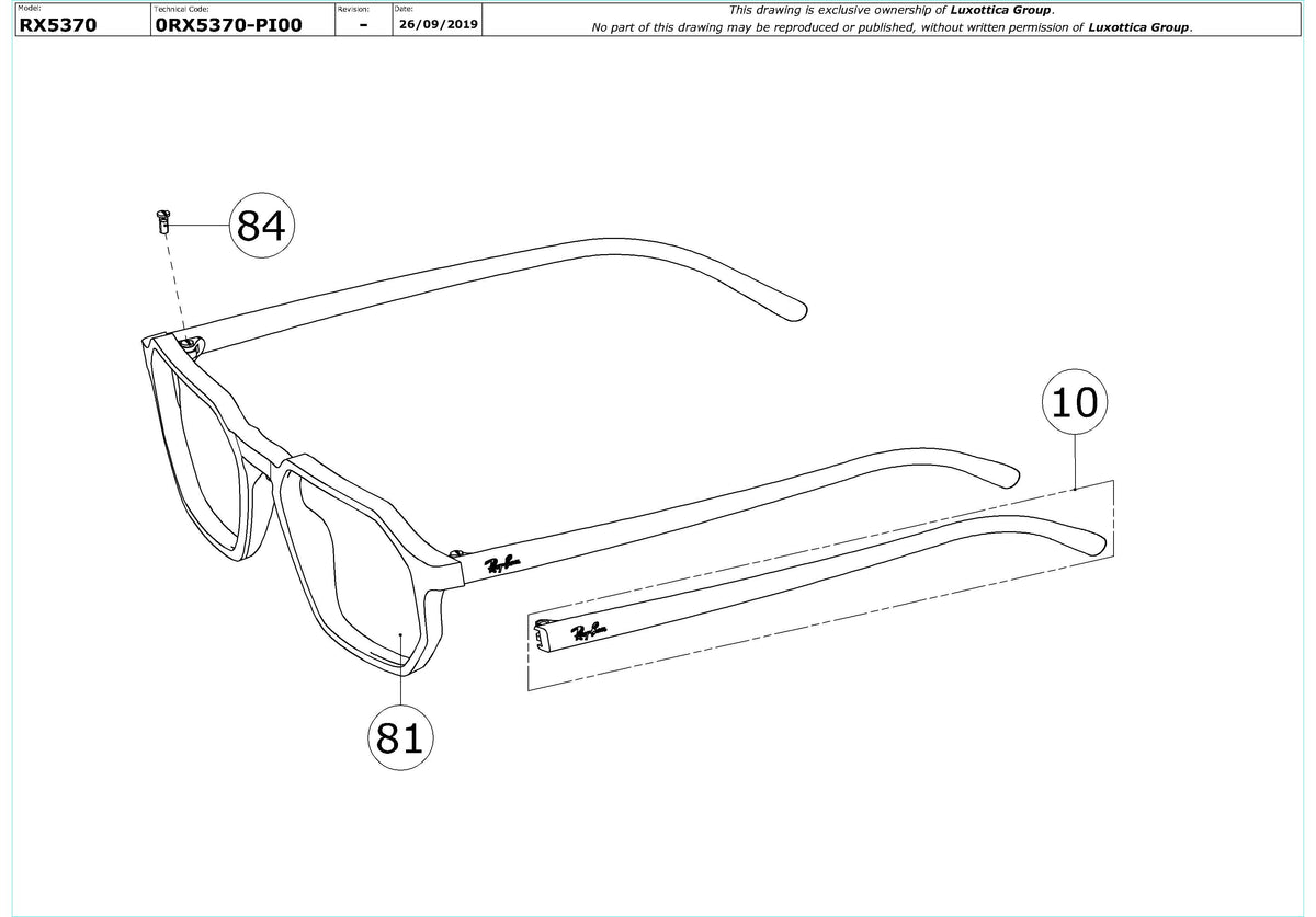 Enlarged technical drawing of the Ray-Ban RX5370 Glasses Replacement Parts