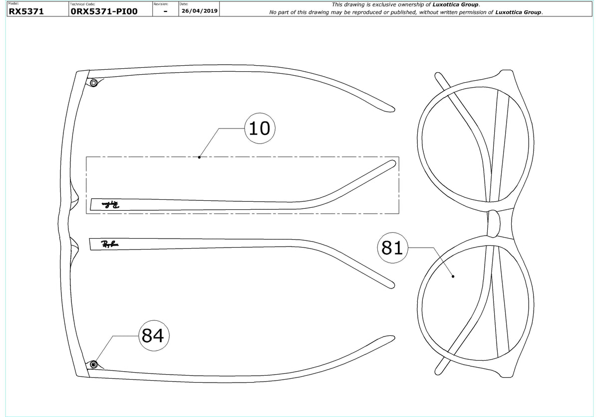 Exploded technical drawing of the Ray-Ban RX5371 Glasses Replacement Parts, with each replacement part numbered