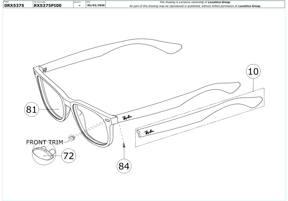 Enlarged technical drawing of the Ray-Ban RX5375 Glasses Replacement Parts