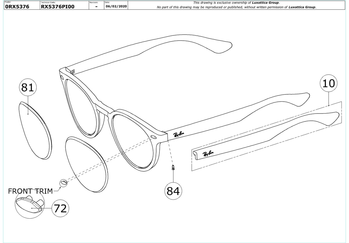 Enlarged technical drawing of the Ray-Ban RX5376 Glasses Replacement Parts
