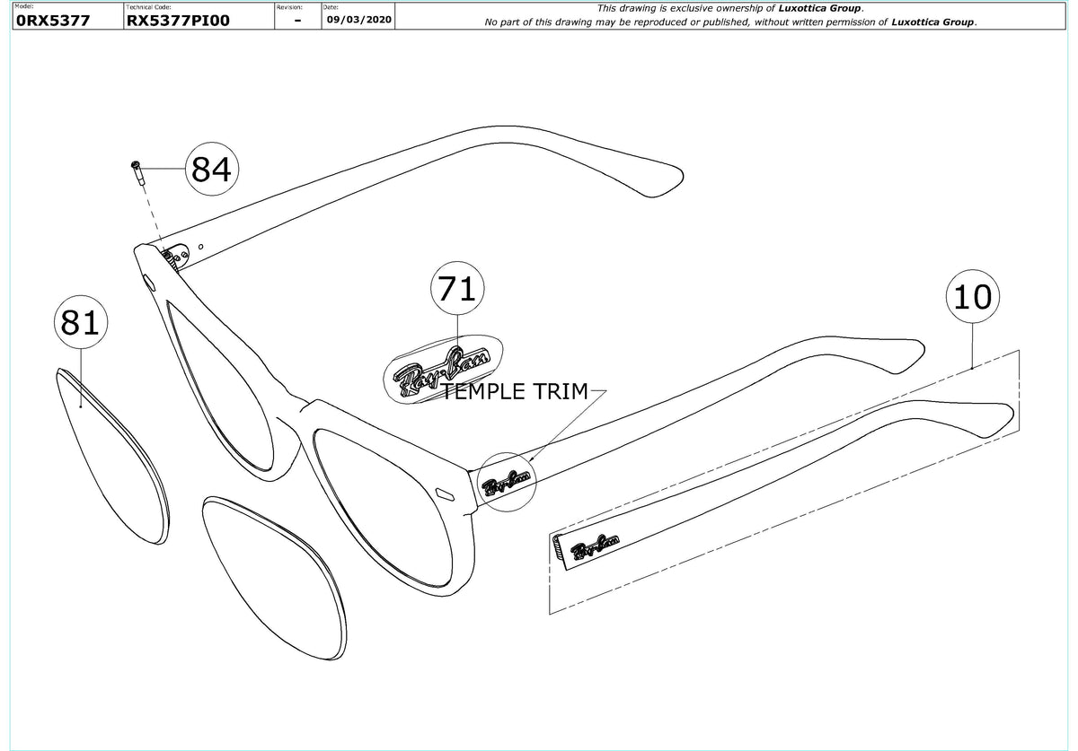 Enlarged technical drawing of the Ray-Ban Meteor RX5377 Glasses Replacement Parts