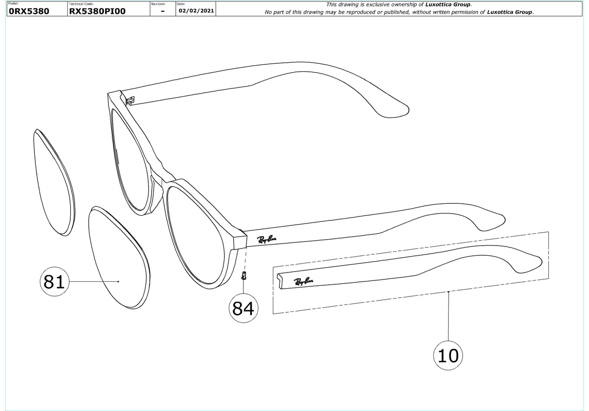 Exploded technical drawing of the Ray-Ban RX5380 Glasses Replacement Parts, with each replacement part numbered