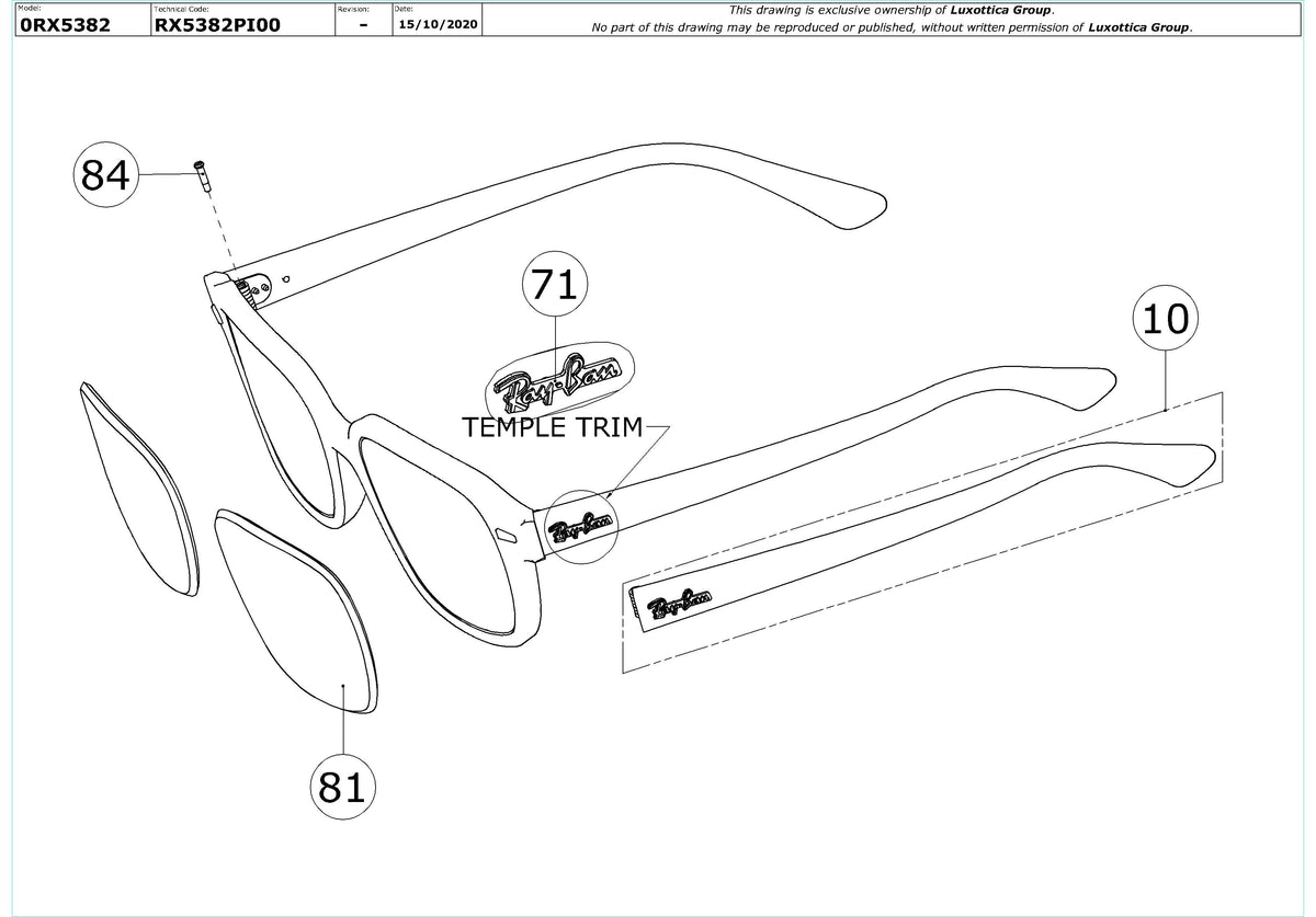Exploded technical drawing of the Ray-Ban RX5382 Glasses Replacement Parts, with each replacement part numbered