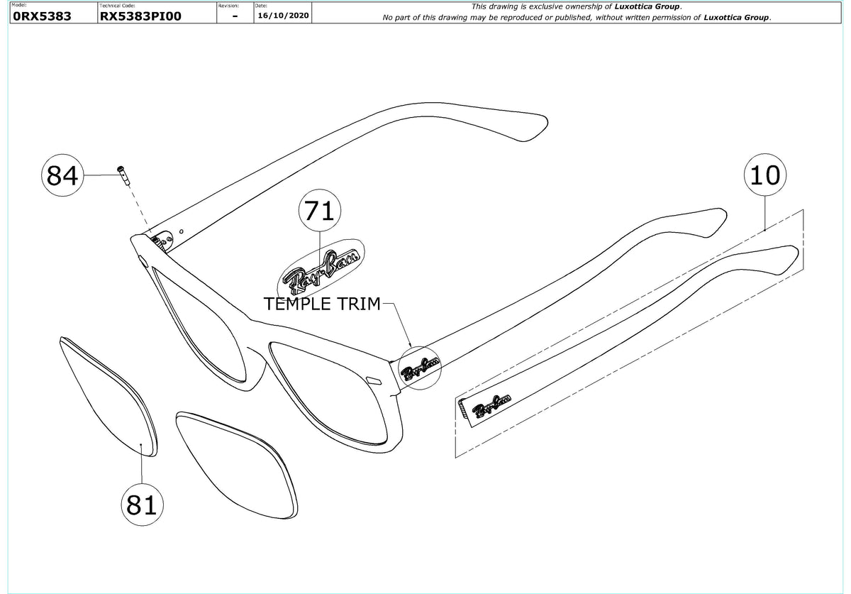 Enlarged technical drawing of the Ray-Ban Mr Burbank RX5383 Glasses Replacement Parts