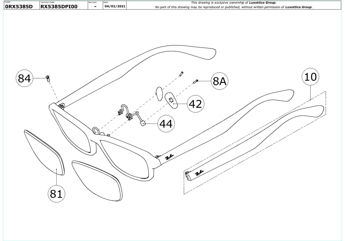 Exploded technical drawing of the Ray-Ban RX5385D Glasses Replacement Parts, with each replacement part numbered