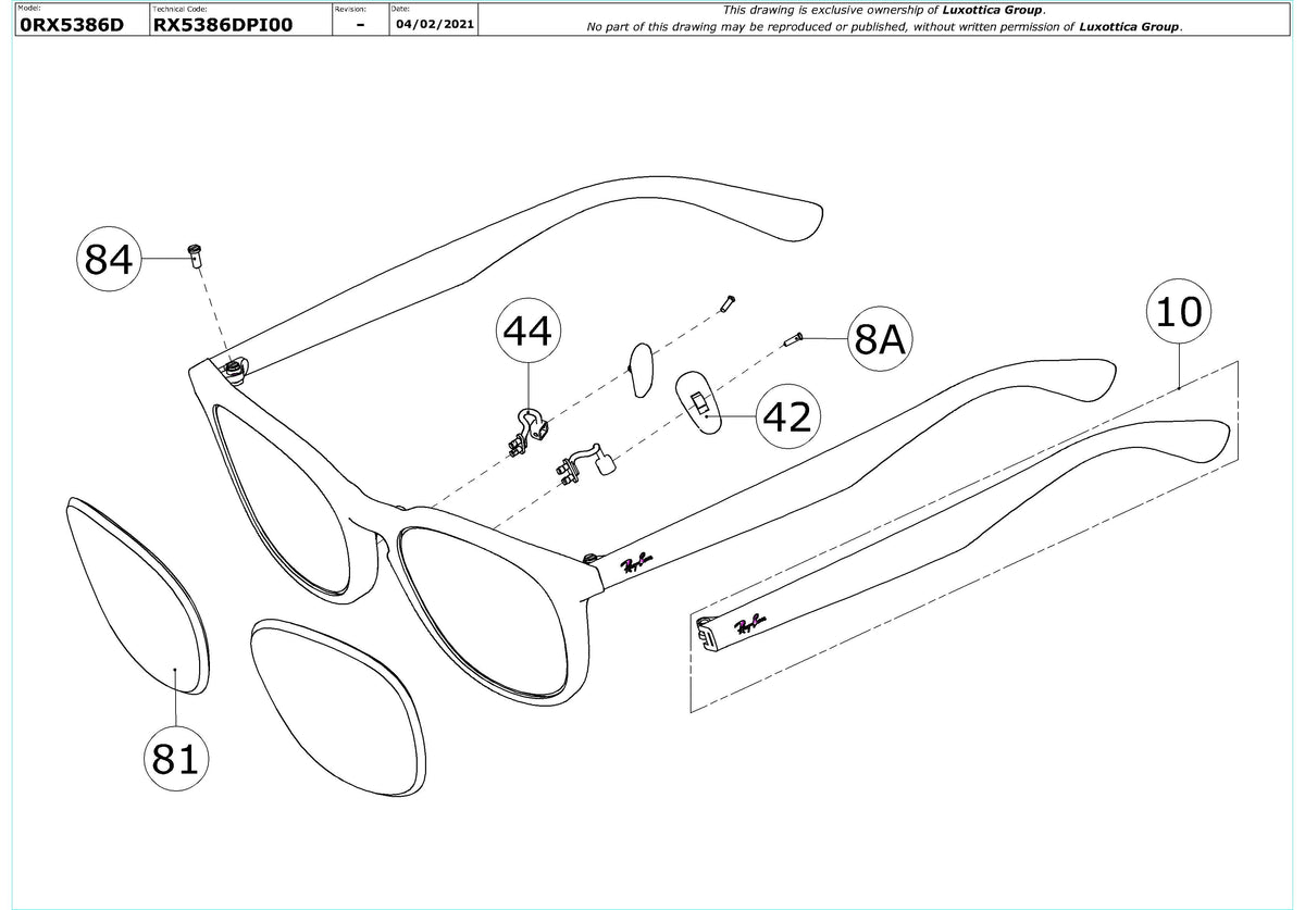 Enlarged technical drawing of the Ray-Ban RX5386D Glasses Replacement Parts