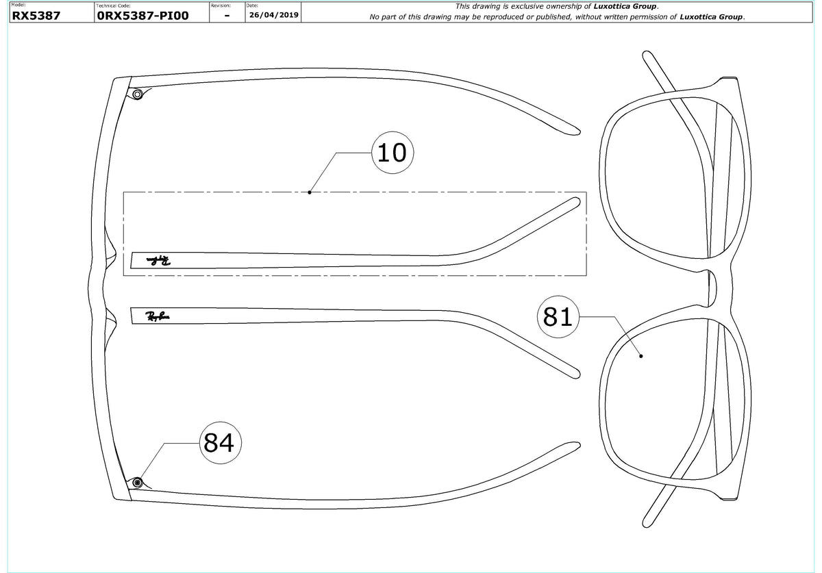 Enlarged technical drawing of the Ray-Ban RX5387 Glasses Replacement Parts