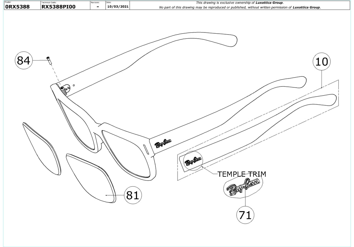 Enlarged technical drawing of the Ray-Ban Jeffrey RX5388 Glasses Replacement Parts