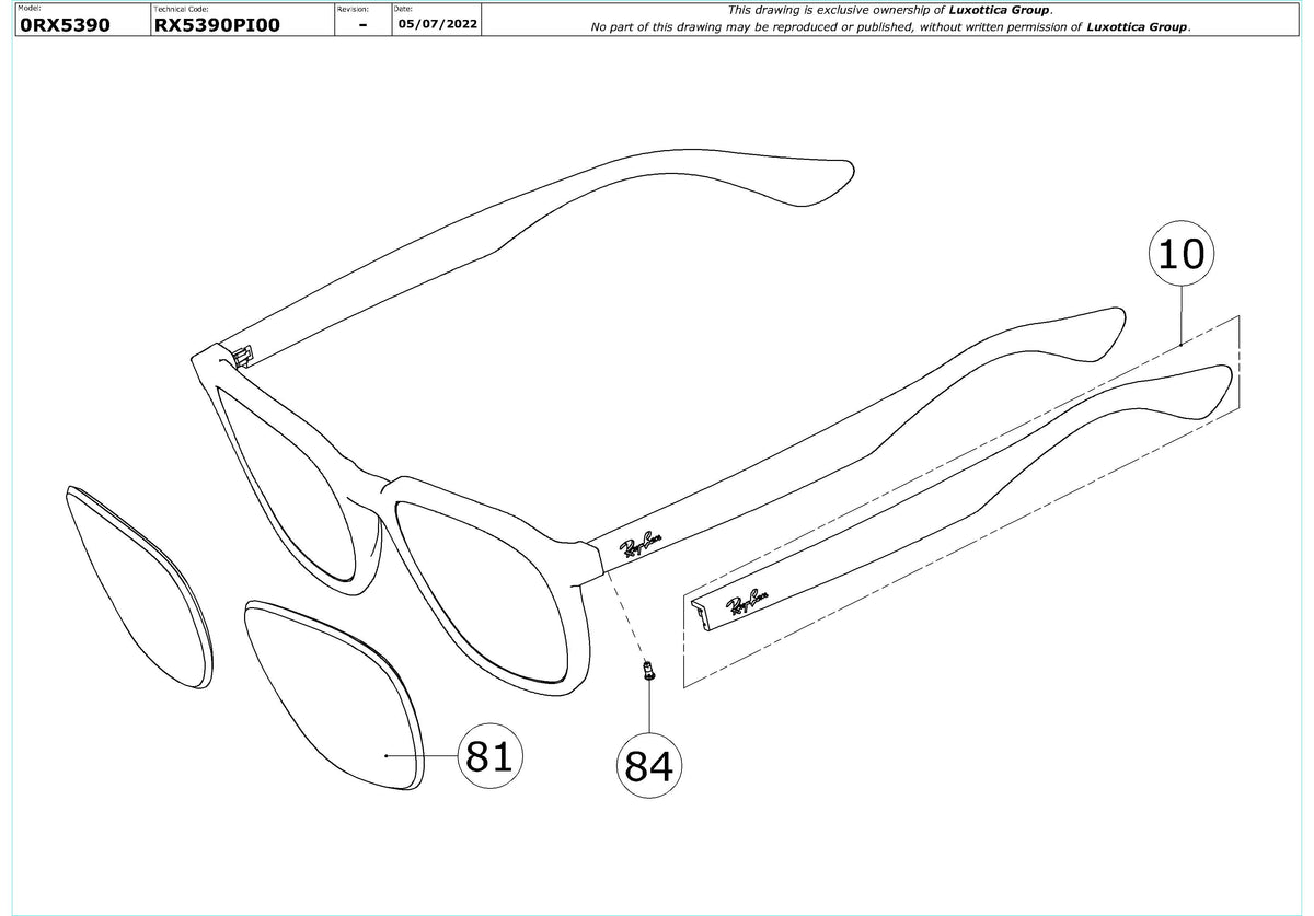 Enlarged technical drawing of the Ray-Ban RX5390 Glasses Replacement Parts