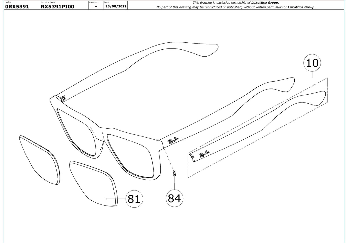 Enlarged technical drawing of the Ray-Ban RX5391 Glasses Replacement Parts