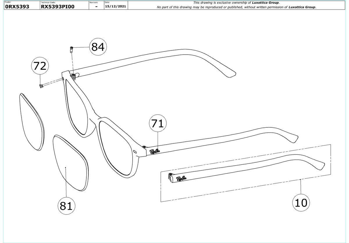 Exploded technical drawing of the Ray-Ban Leonard RX5393 Glasses Replacement Parts, with each replacement part numbered
