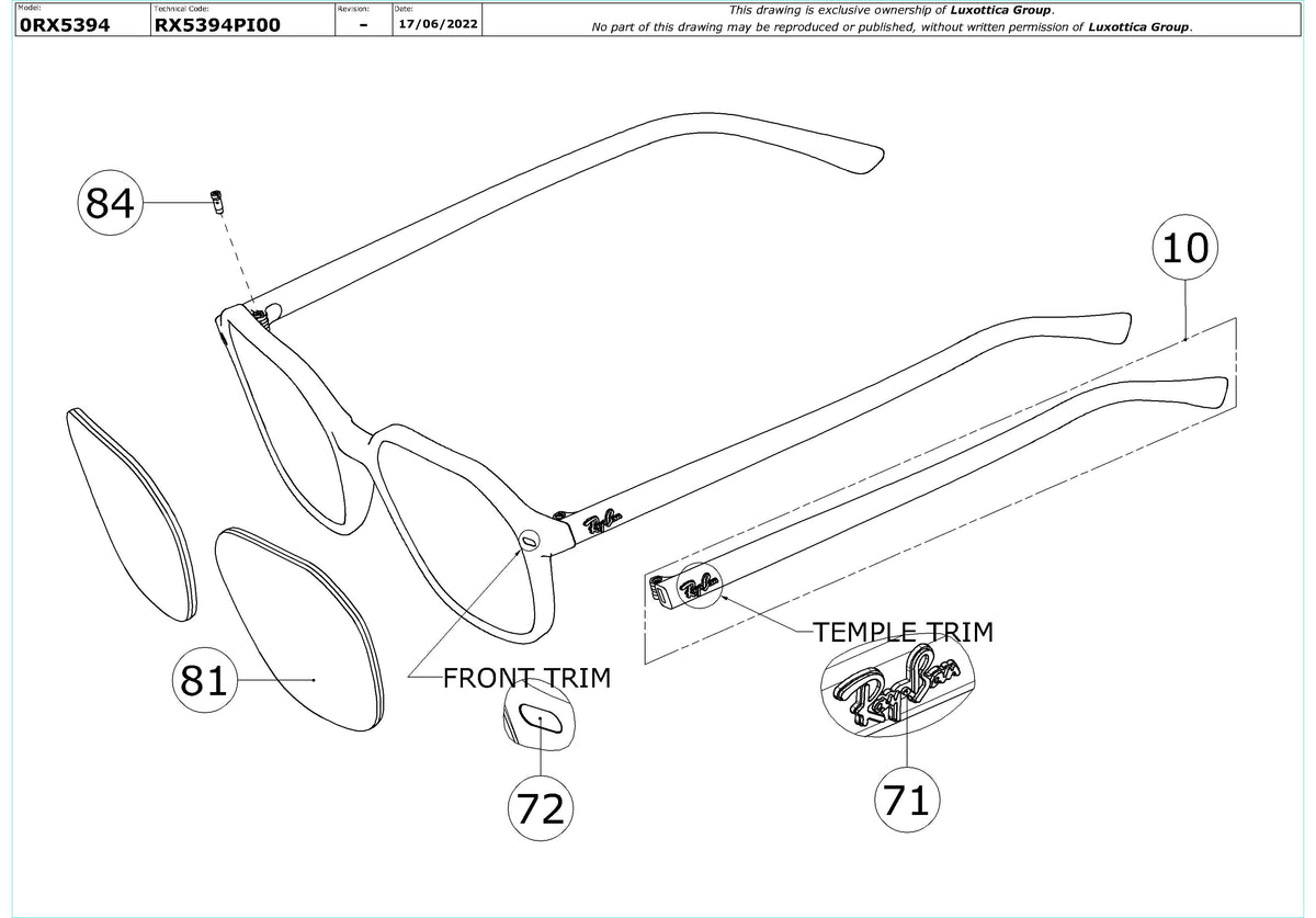Exploded technical drawing of the Ray-Ban John RX5394 Glasses Replacement Parts, with each replacement part numbered