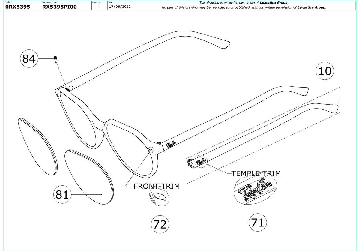 Exploded technical drawing of the Ray-Ban Thalia RX5395 Glasses Replacement Parts, with each replacement part numbered
