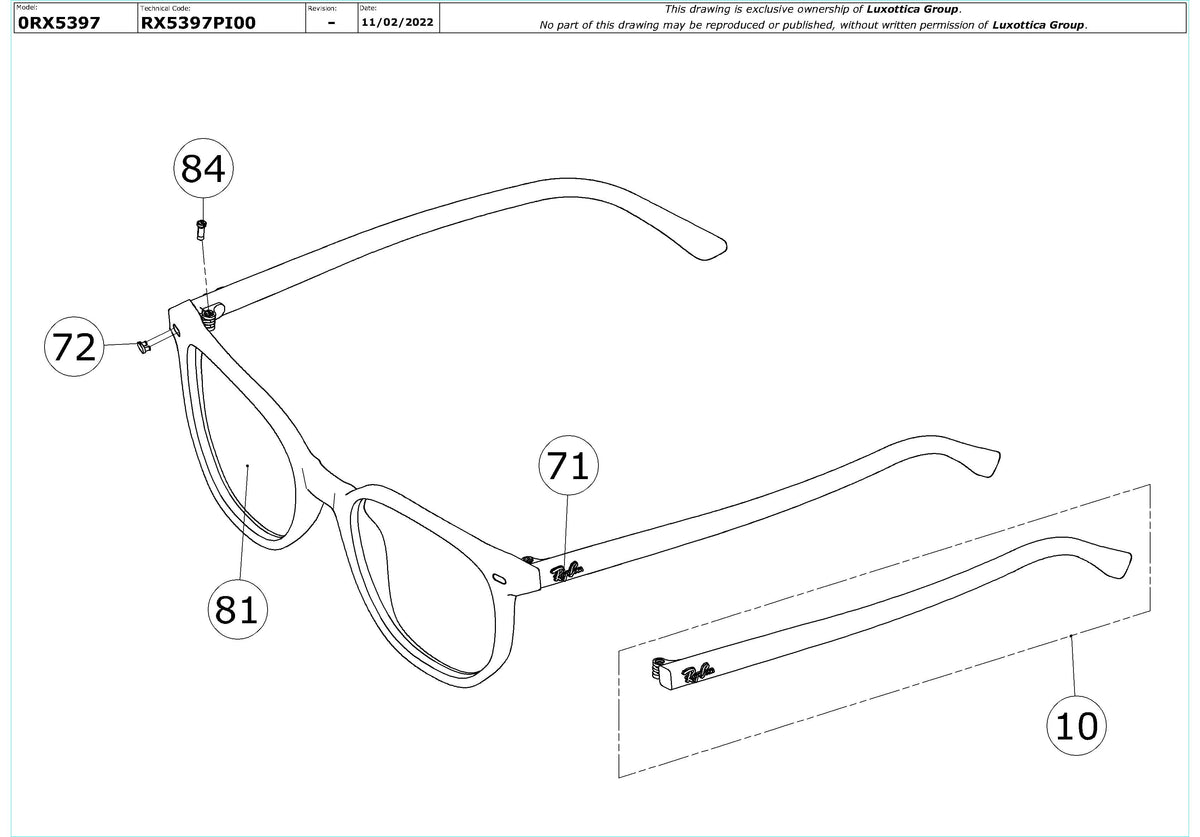 Enlarged technical drawing of the Ray-Ban Elliot RX5397 Glasses Replacement Parts