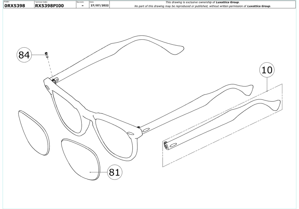 Enlarged technical drawing of the Ray-Ban Hawkeye RX5398 Glasses Replacement Parts